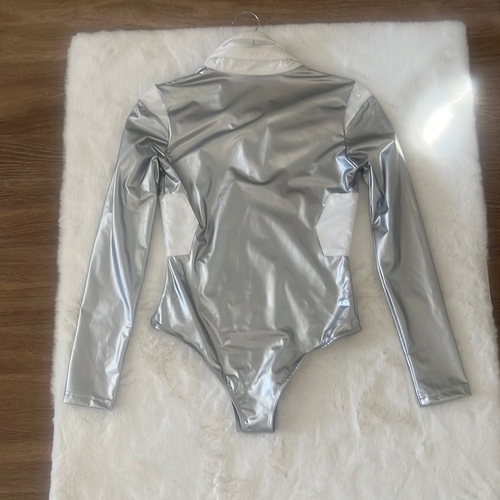 Metallic silver and white bodysuit